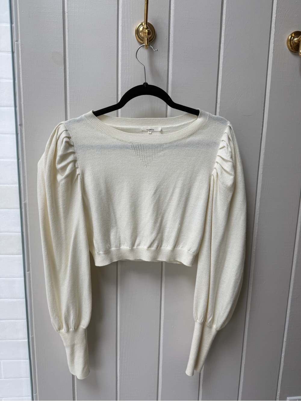 Tularosa Ivory Puff-Sleeve Cropped Sweater